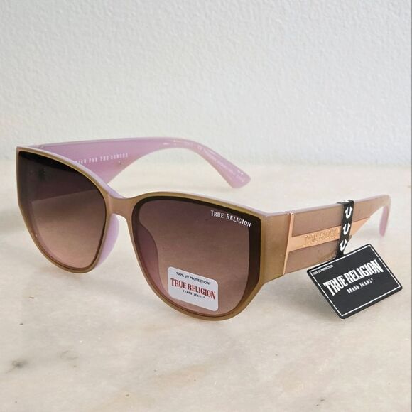 New TRUE RELIGION Cat Eye Sunglasses Tan Lilac Logo Embossed - Picture 1 of 7